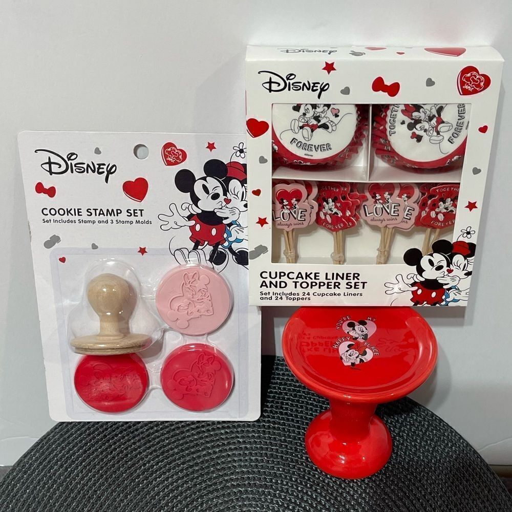 Disney Mickey & Minnie Cupcake Liners, Toppers, Cupcake stand, Cookie stamps NWT